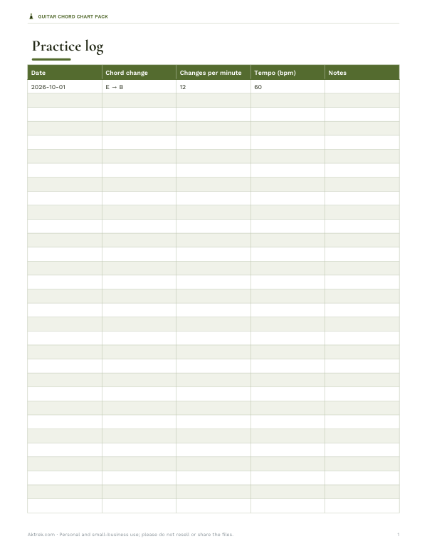 Preview of Printable B Chord Practice Log